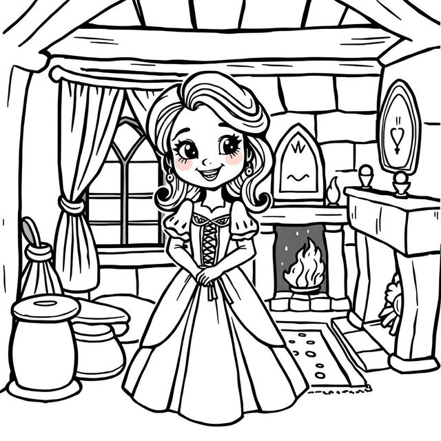 A cute-style illustration of a medieval damsel, designed for a children's coloring book