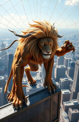 A powerful hybrid creature that combines the incredible agility and spider-like features of a superhero with the majestic and fierce appearance of a lion