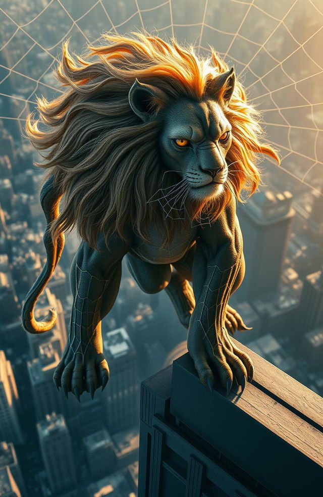 A powerful hybrid creature that combines the incredible agility and spider-like features of a superhero with the majestic and fierce appearance of a lion