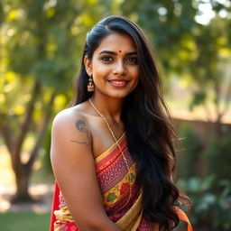 A portrait of a confident Indian woman with dark, hairy armpits, showcasing natural beauty and embracing body positivity