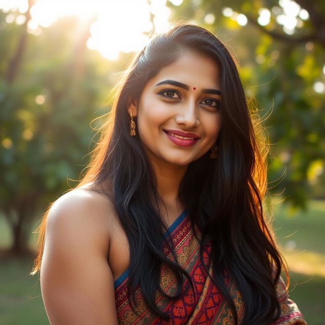 A portrait of a confident Indian woman with dark, hairy armpits, showcasing natural beauty and embracing body positivity