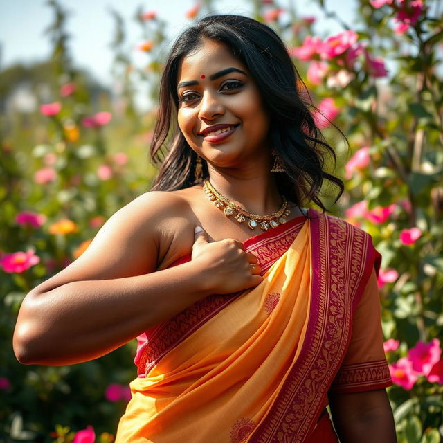 A vibrant portrait of an Indian woman proudly displaying her dark, hairy armpit, emphasizing body positivity and natural beauty