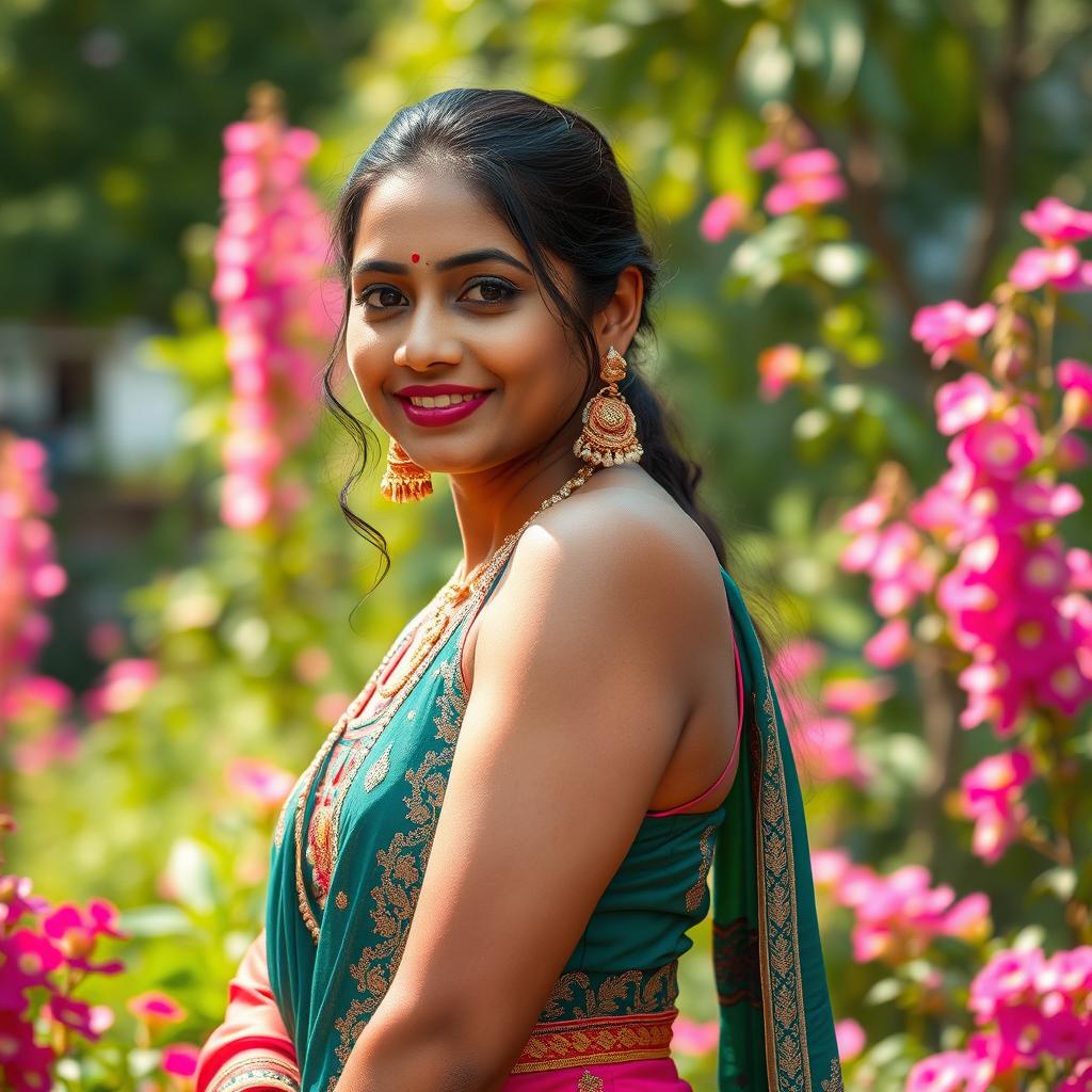 A vibrant portrait of an Indian woman proudly displaying her dark, hairy armpit, emphasizing body positivity and natural beauty