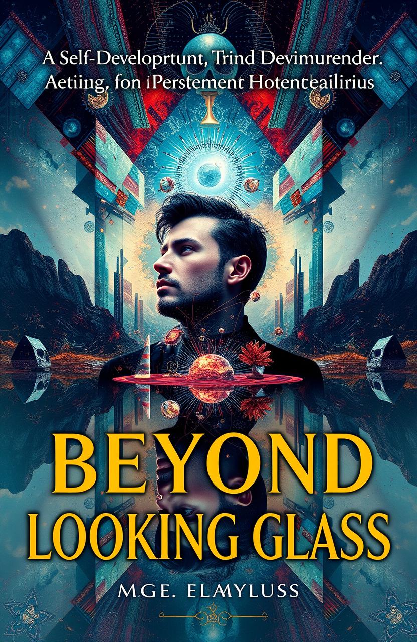 A captivating book cover design for 'Beyond the Looking Glass', featuring elements that symbolize self-development and self-discovery