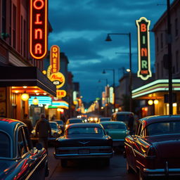 A stunning cinematic shot depicting a lively American street scene at dusk, featuring dynamic lighting that highlights the vibrant colors and fine details of the surroundings