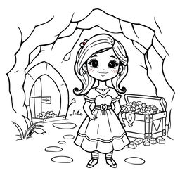 A cute-style illustration of a medieval damsel, designed for a children's coloring book