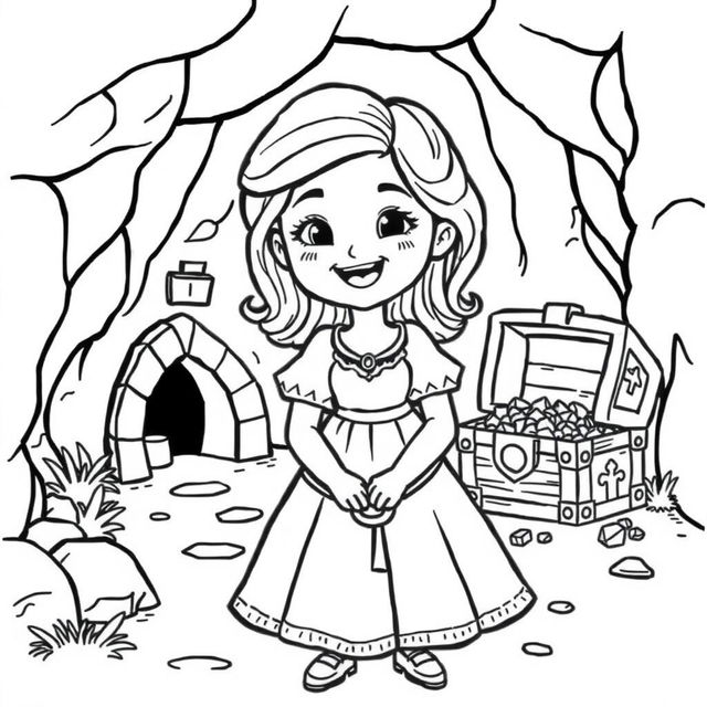 A cute-style illustration of a medieval damsel, designed for a children's coloring book