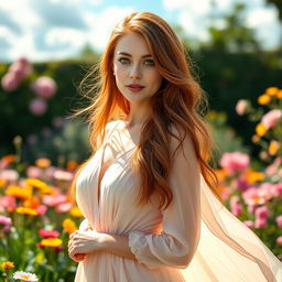 A stunning portrait of a woman named Karina with long, flowing auburn hair and striking green eyes, wearing an elegant, flowing pastel-colored dress