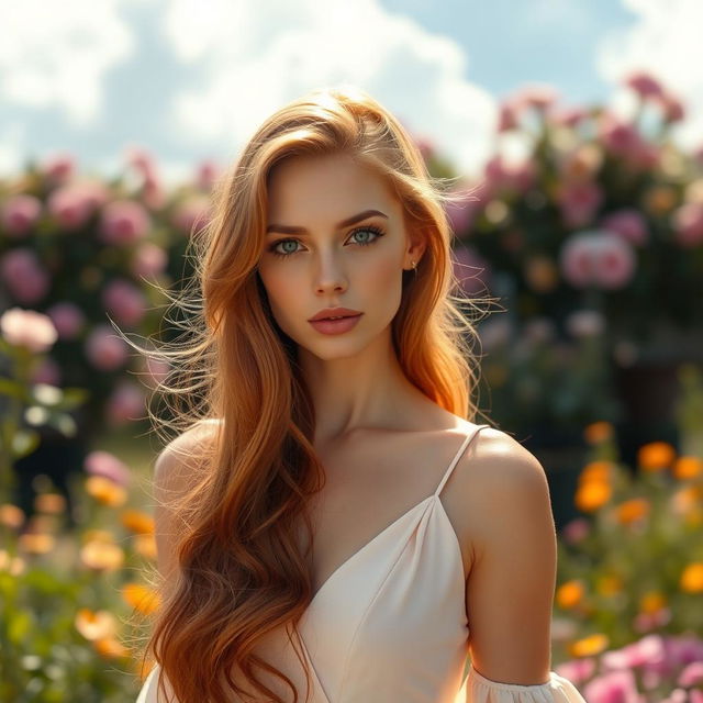 A stunning portrait of a woman named Karina with long, flowing auburn hair and striking green eyes, wearing an elegant, flowing pastel-colored dress