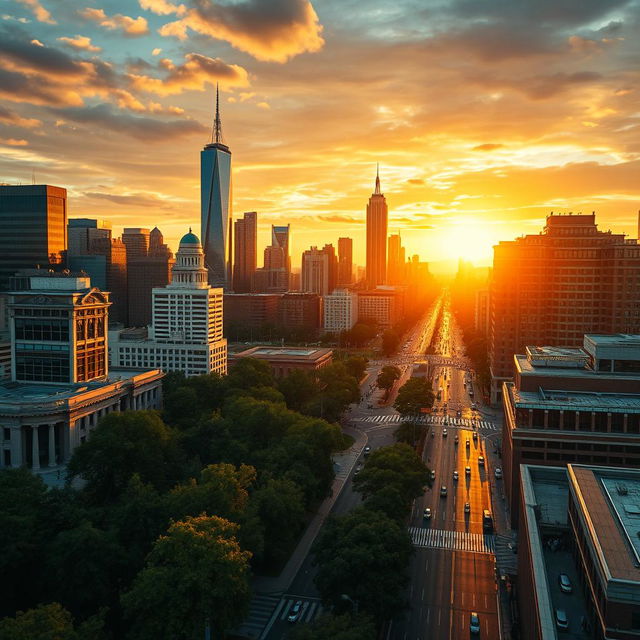 A stunning cinematic shot capturing the essence of the USA landscape at golden hour, showcasing dynamic lighting that bathes the scene in warm hues