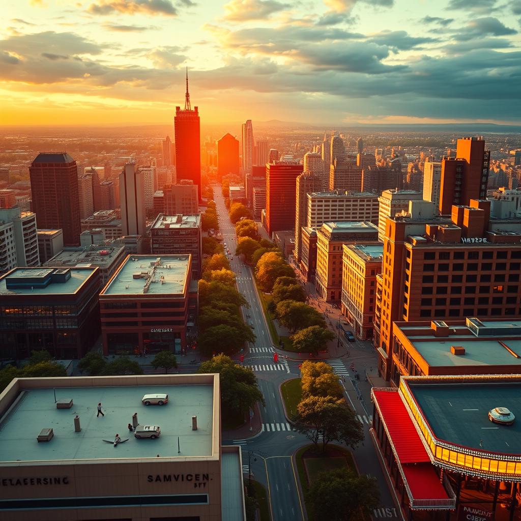 A stunning cinematic shot capturing the essence of the USA landscape at golden hour, showcasing dynamic lighting that bathes the scene in warm hues