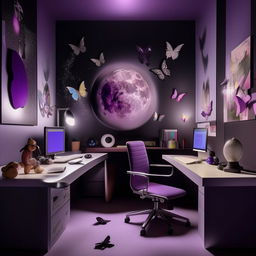 Design a modern room for an 18-year-old tomboy with black, purple, grey, and white colors. Incorporate subtle elements of Sanatan Dharma, a butterfly-shaped mirror wall decor, a moon lamp, and symbolic attributes of a computer engineering girl, keeping the overall look simple and uncluttered.