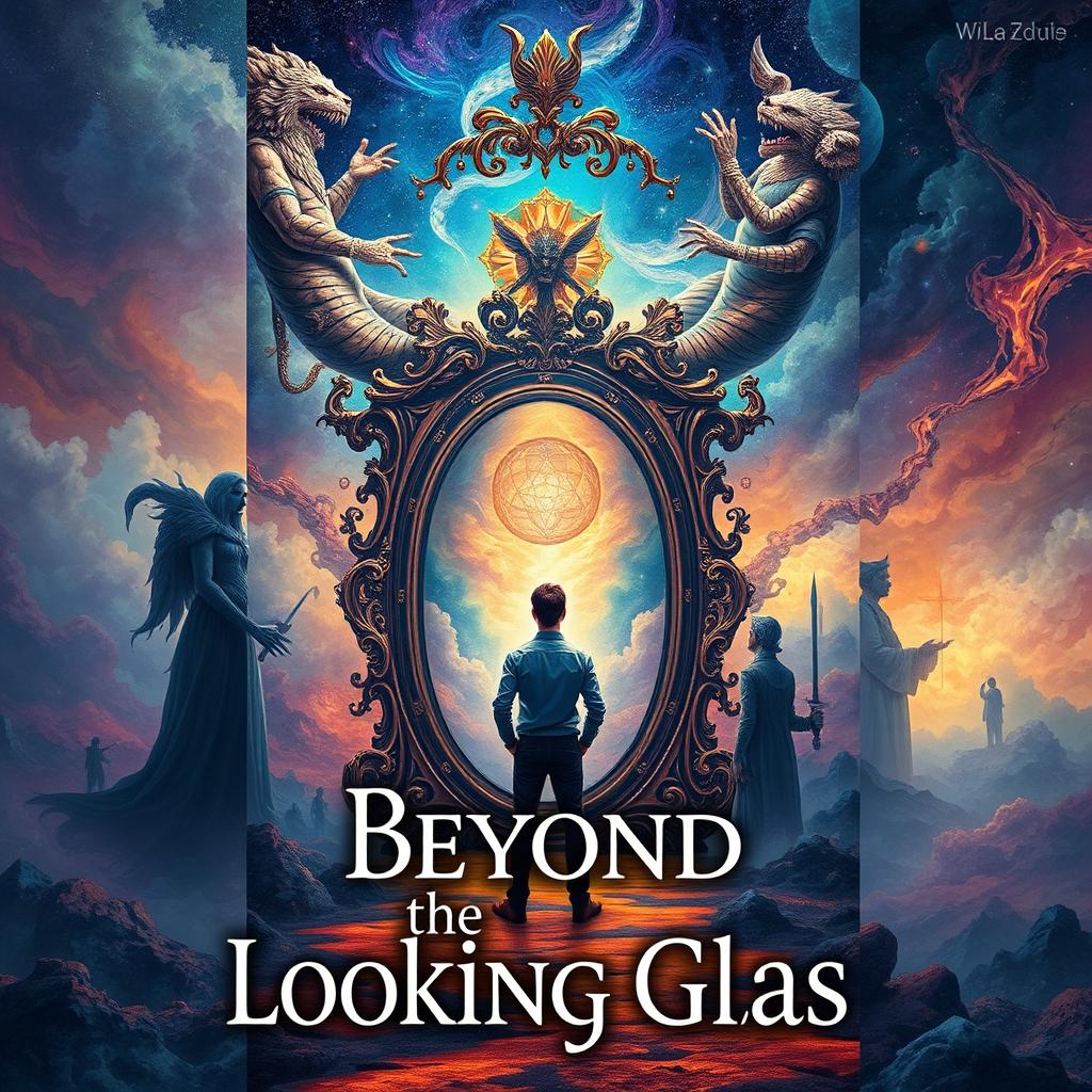 An enchanting and evocative book cover design for 'Beyond the Looking Glass', encapsulating themes of self-discovery and introspection