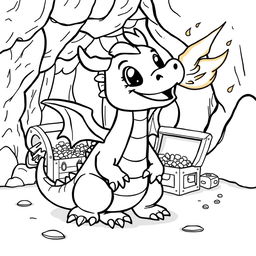 A cute-style illustration of a friendly dragon breathing fire, designed for a children's coloring book