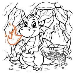 A cute-style illustration of a friendly dragon breathing fire, designed for a children's coloring book