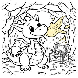A cute-style illustration of a friendly dragon breathing fire, designed for a children's coloring book