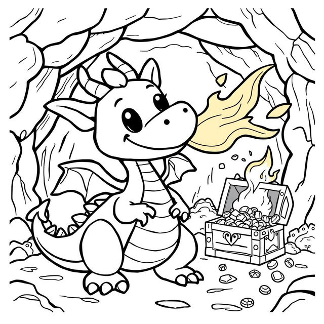 A cute-style illustration of a friendly dragon breathing fire, designed for a children's coloring book