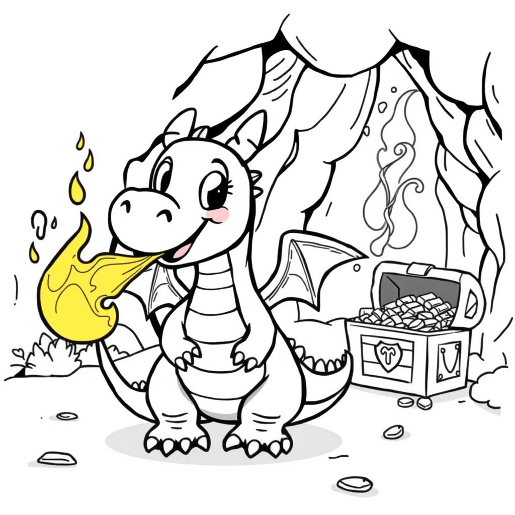 A cute-style illustration of a friendly dragon breathing fire, designed for a children's coloring book