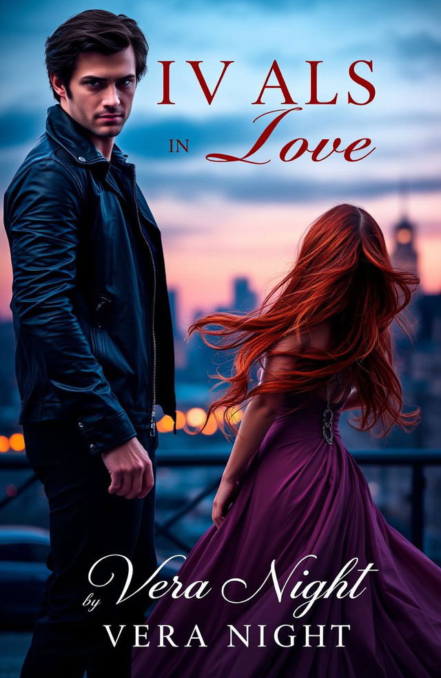 A captivating book cover design for 'Rivals in Love' by Vera Night, featuring a dramatic and romantic scene between two main characters