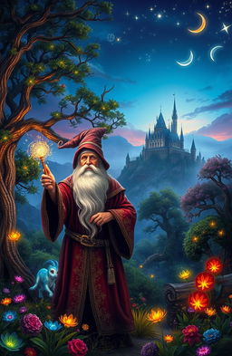 A vibrant medieval fantasy scene showcasing a mystical forest filled with glowing magical creatures and ancient trees