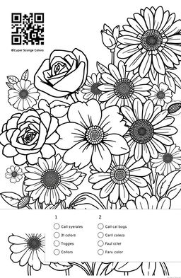 A beautiful and intricate flower coloring book page featuring various types of flowers like roses, sunflowers, and daisies, with detailed patterns and shapes for coloring