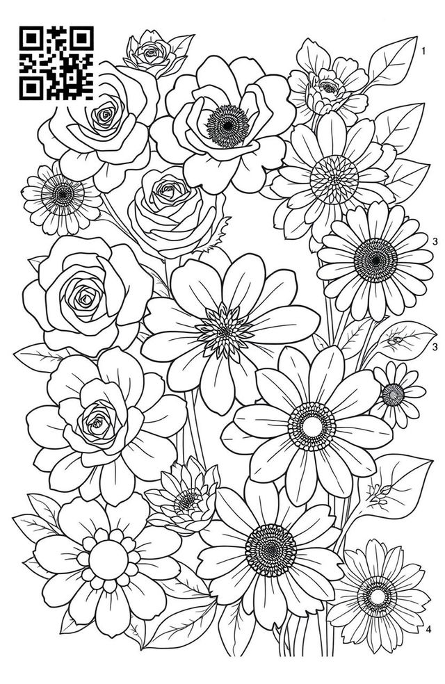 A beautiful and intricate flower coloring book page featuring various types of flowers like roses, sunflowers, and daisies, with detailed patterns and shapes for coloring