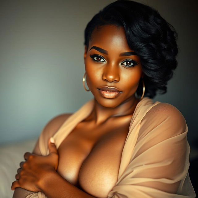 A tasteful and artistic portrait of a confident ebony woman, embracing her beauty in a soft and elegant setting