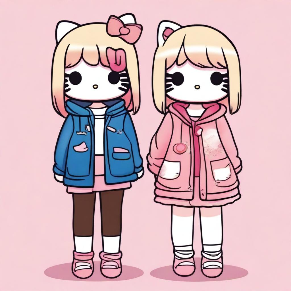 A digital art piece featuring two Hello Kitty girls