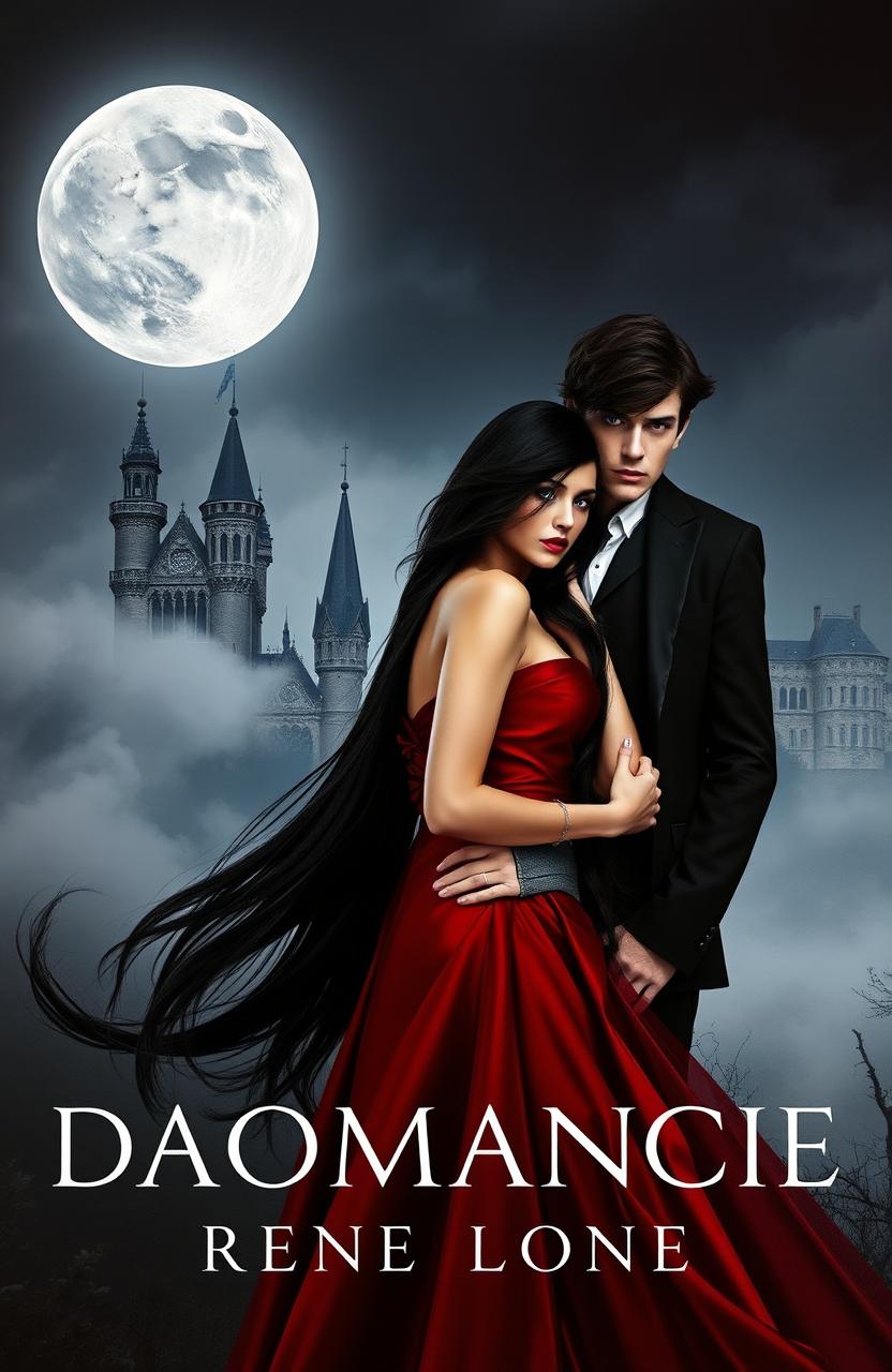 A captivating dark romance book cover featuring a mysterious and elegant couple standing under a full moon