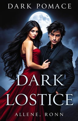 A captivating dark romance book cover featuring a mysterious and elegant couple standing under a full moon