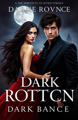 A captivating dark romance book cover featuring a mysterious and elegant couple standing under a full moon