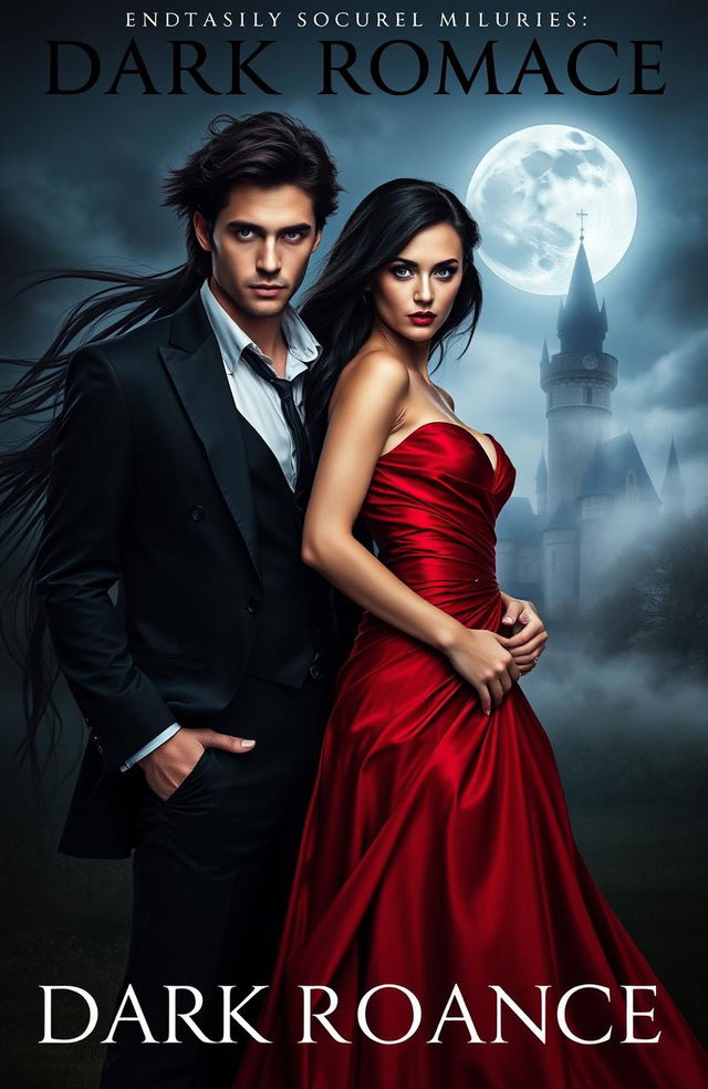 A captivating dark romance book cover featuring a mysterious and elegant couple standing under a full moon