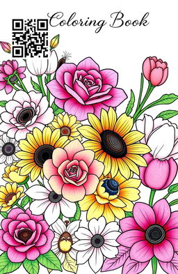 A beautifully illustrated flower coloring book cover featuring a variety of stunning flowers, including roses, sunflowers, and tulips, intricately designed for coloring