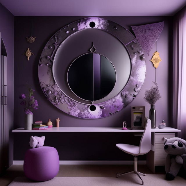 Design a modern room for an 18-year-old tomboy with black, purple, grey, and white colors. Incorporate subtle elements of Sanatan Dharma, a butterfly-shaped mirror wall decor, a moon lamp, and symbolic attributes of a computer engineering girl, keeping the overall look simple and uncluttered.