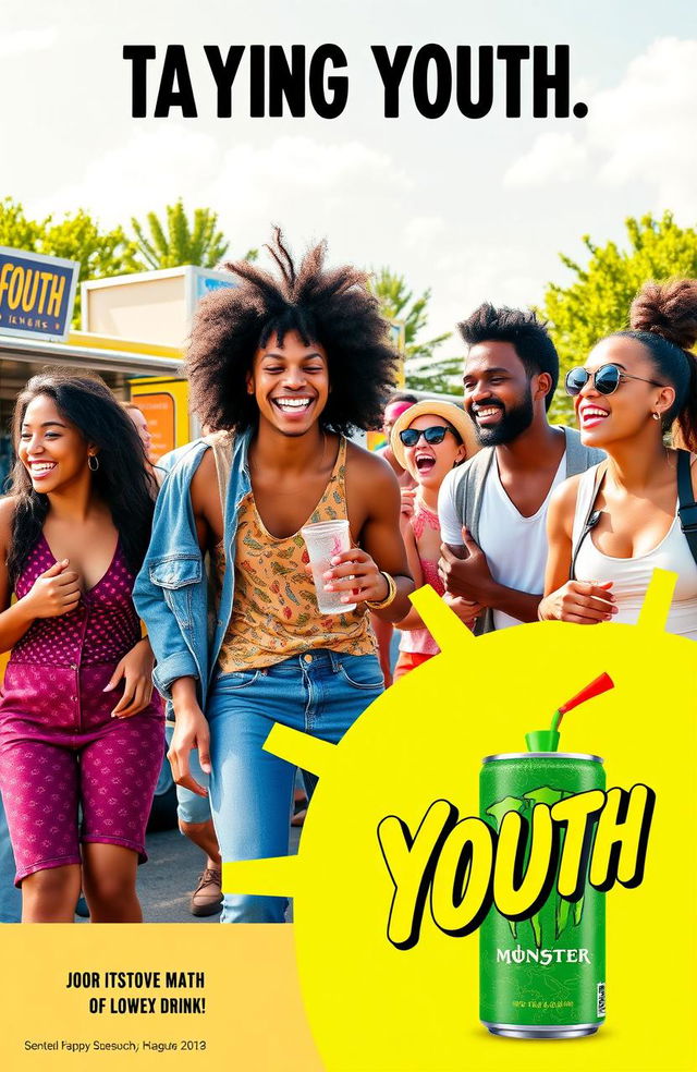 A vibrant and dynamic commercial advertisement targeting youth, featuring a diverse group of stylish young adults enjoying a summer festival