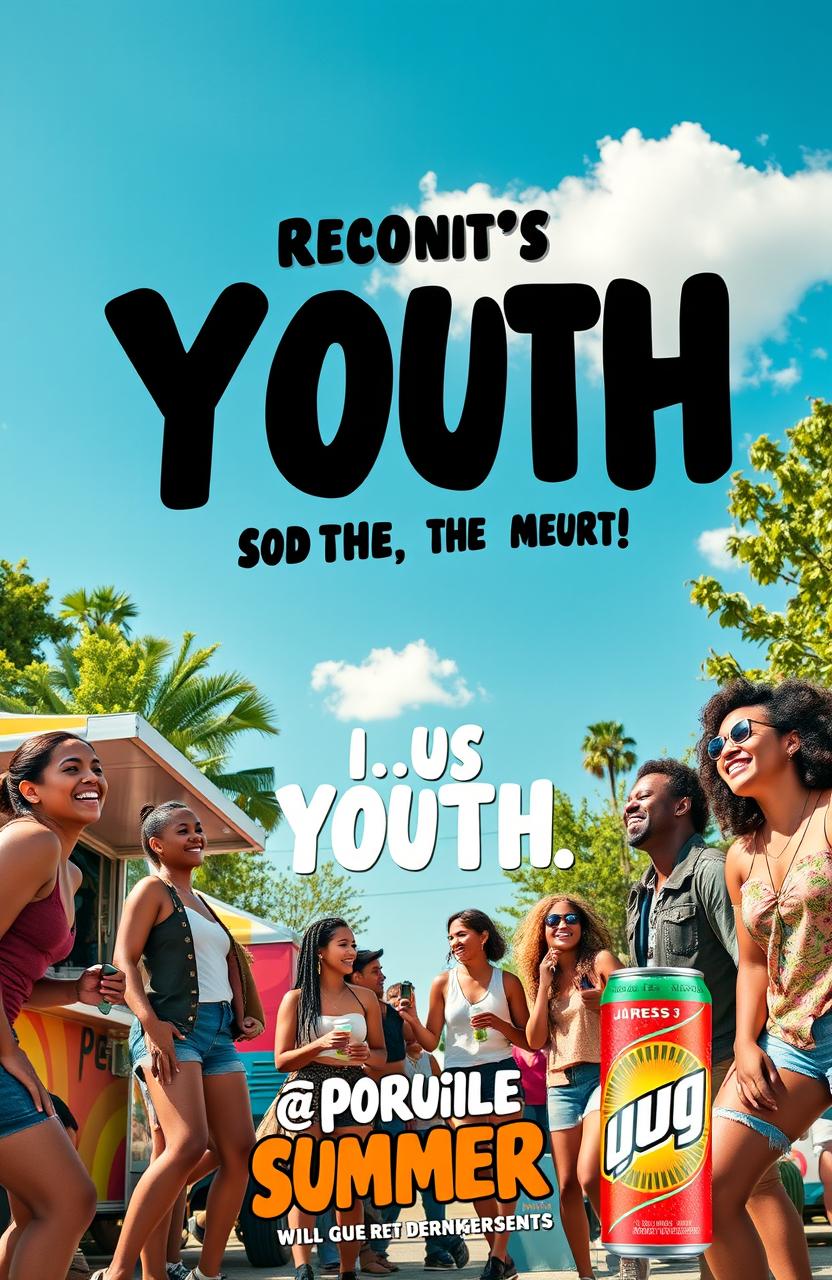 A vibrant and dynamic commercial advertisement targeting youth, featuring a diverse group of stylish young adults enjoying a summer festival