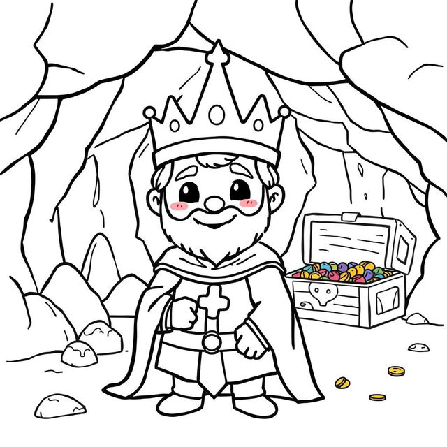 A cute-style illustration of a medieval king, designed for a children's coloring book