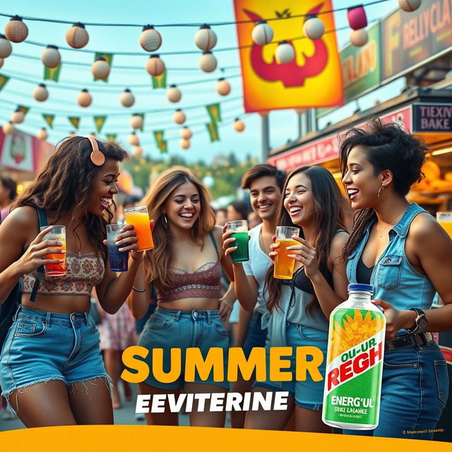 A lively and eye-catching commercial advertisement aimed at youth, showcasing a group of diverse young friends at a summer music festival