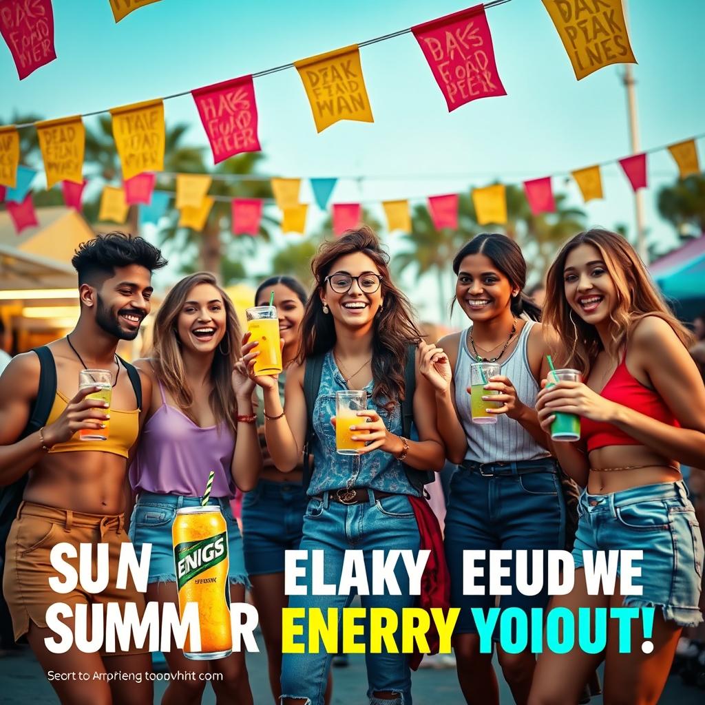 A lively and eye-catching commercial advertisement aimed at youth, showcasing a group of diverse young friends at a summer music festival