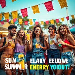 A lively and eye-catching commercial advertisement aimed at youth, showcasing a group of diverse young friends at a summer music festival