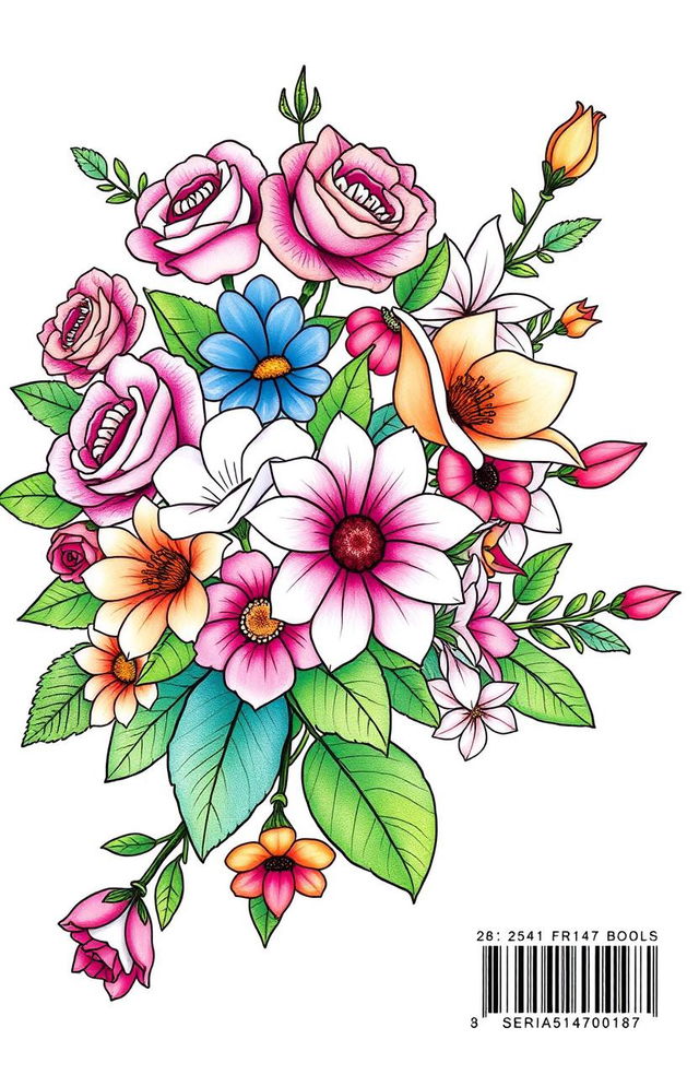 A detailed illustration of a flower coloring book cover, showcasing a vibrant and intricate floral design