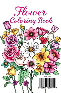 A detailed illustration for a flower coloring book cover