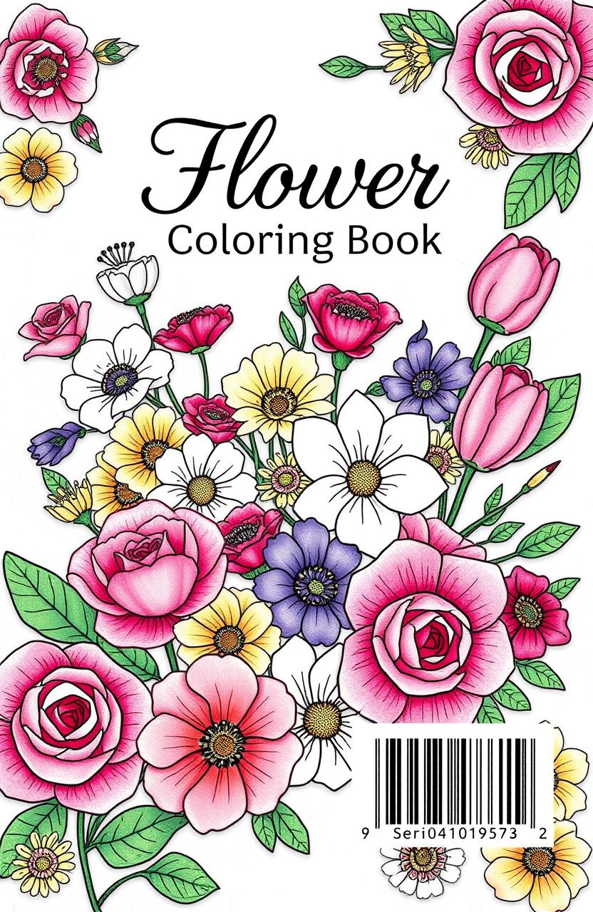 A detailed illustration for a flower coloring book cover