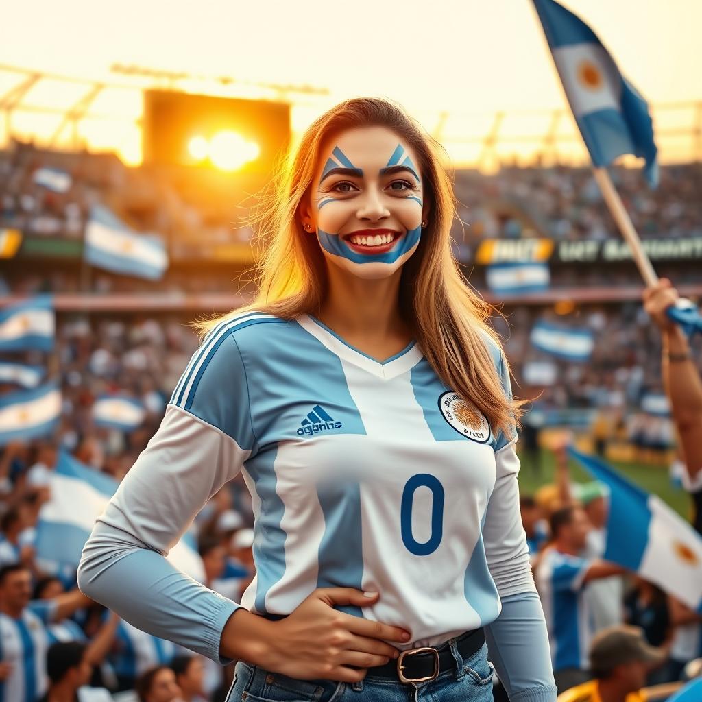 A passionate Argentine football fan, dressed in a long-sleeve jersey representing the Argentine national team