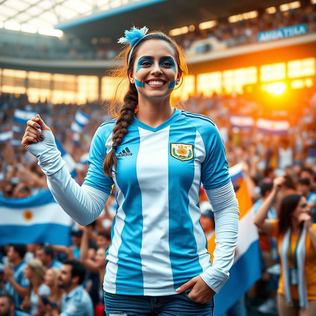 A passionate Argentine football fan, dressed in a long-sleeve jersey representing the Argentine national team