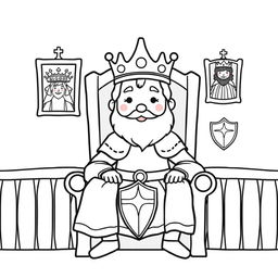 A cute-style illustration of a medieval king seated on his throne, designed for a children's coloring book