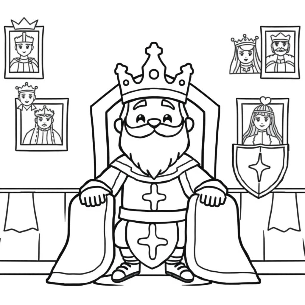 A cute-style illustration of a medieval king seated on his throne, designed for a children's coloring book