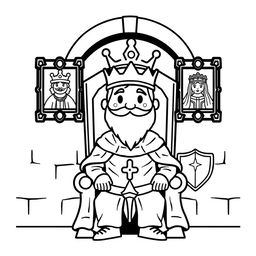 A cute-style illustration of a medieval king seated on his throne, designed for a children's coloring book