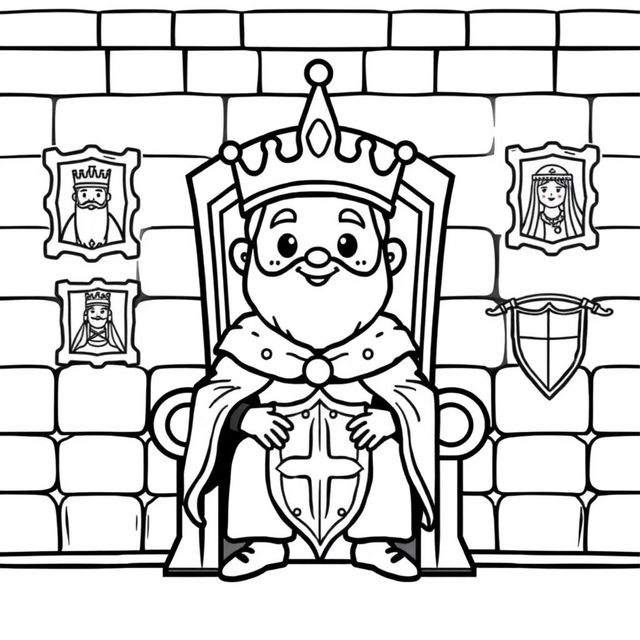 A cute-style illustration of a medieval king seated on his throne, designed for a children's coloring book