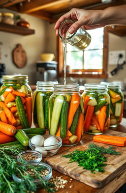 A vibrant and detailed scene of homemade pickles being prepared in a rustic kitchen